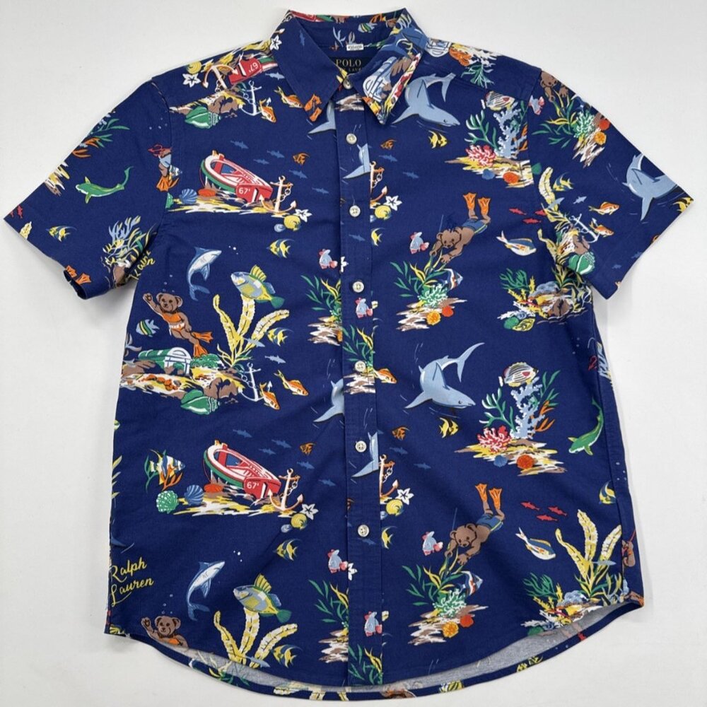 Polo Ralph Lauren Shirt Boys Large 14-16 Button Short Sleeve Sea Nautical Print